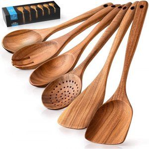 Zulay Kitchen Premium Wooden Utensils For Cooking 6 Pc Set Non-Stick